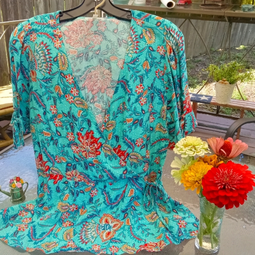 Maurices Floral Wrap Tie Peplum Top, Turquoise Combo, L